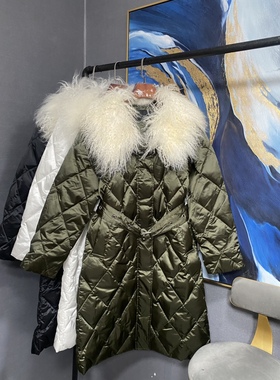 M军绿黑白三色白色长绵羊皮毛领有腰带长款羽绒服MA104