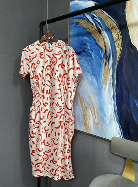 M乳白色含真丝红粗条半袖不对称腰中镂空连衣裙MBO1DRS046微瑕疵