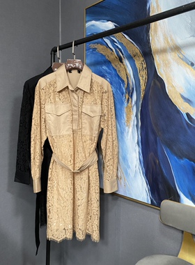 M卡其黑两色蕾丝拼布腰带胸前兜衬衫裙连衣裙MBO1DRS025