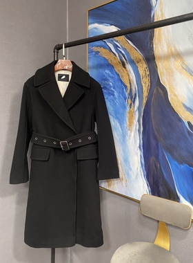 M黑色卡其两色羊毛大翻领暗扣有腰带毛呢外套MA183OVC102