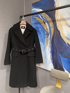 M黑色卡其两色羊毛大翻领暗扣有腰带毛呢外套MA183OVC102