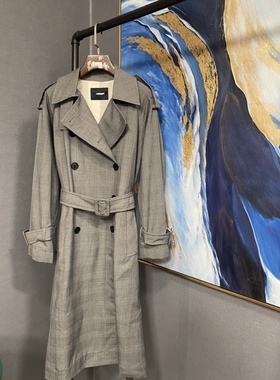 M灰色系格纹含羊毛双排扣腰带长款风衣MBO3TRCX01