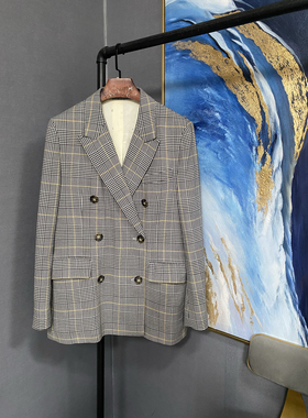 E黑米白黄格纹全绵羊毛双排扣西装外套EAI3BLAT13