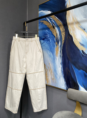 E乳白色裤腿双排棕色明线设计阔腿牛仔裤EAI4JEN005