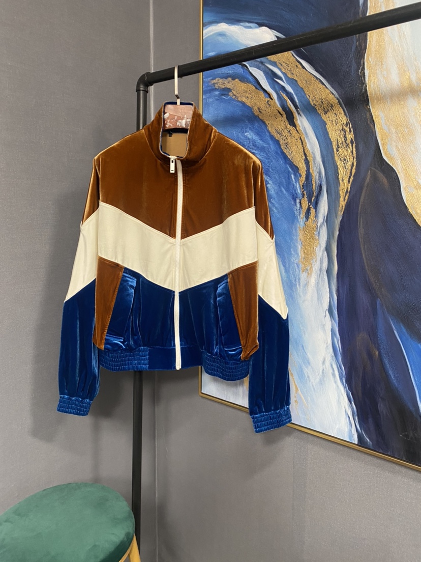 M棕白蓝三色丝绒立领拉链休闲外套MAI3JKT013