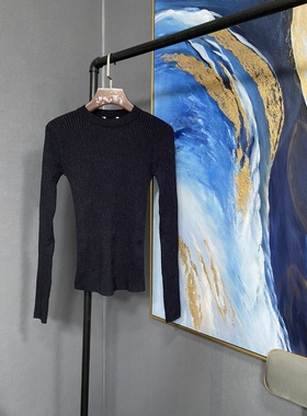 E深蓝色银丝含绵羊毛圆领竖条纹理针织衫EAI4UNF002