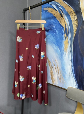 E酒红色蓝色花朵真丝长款半身裙EA183SKT111