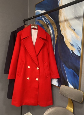 E深蓝红两色全羊毛白扣双排扣大翻领毛呢外套EA184OVC117
