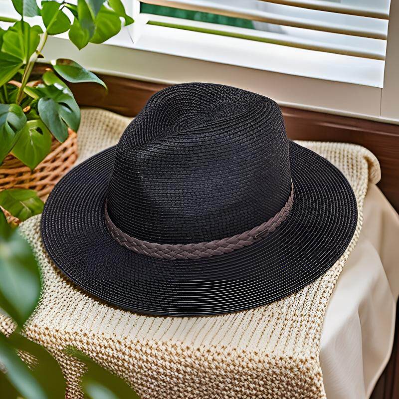 26防晒草帽手编皮带牛仔帽平檐礼帽遮阳户外男女帽子大帽檐洋气