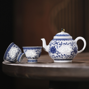 家用泡茶壶茶杯轻奢茶碗乔迁送礼 景德镇官方釉中青花玲珑茶具套装