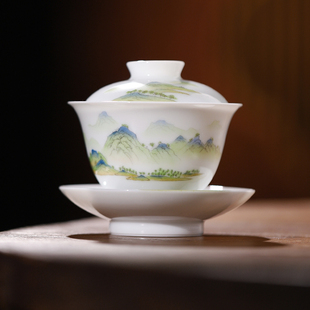 景德镇官方陶瓷手绘三才盖碗单个喝茶茶具家用个人专用办公室送礼