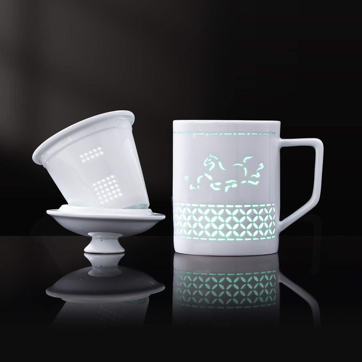 景德镇官方陶瓷玲珑茶漏杯马到成功马克杯带盖水杯办公杯马年送礼