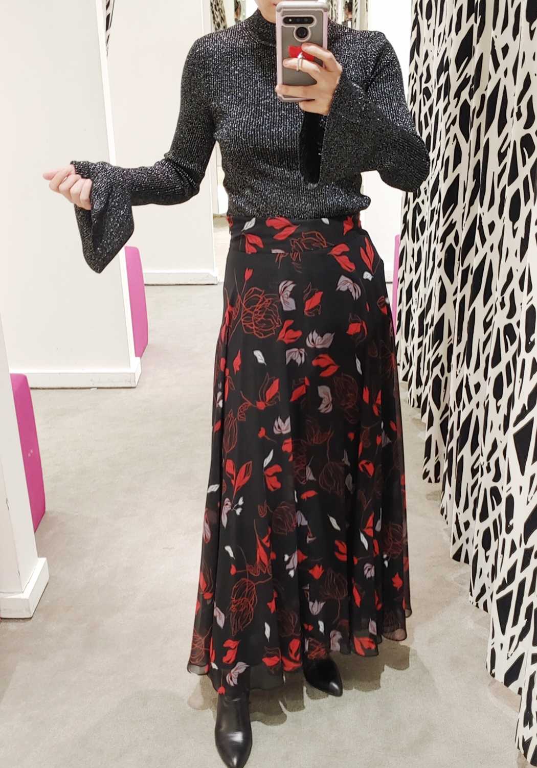 dvf思思美代红黑花叶飘逸长裙