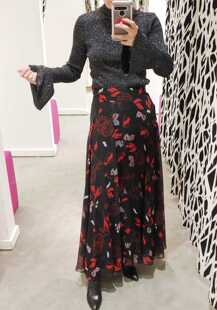 思思美代 正品 dvf 春季新品 红黑花叶 雪纺 飘逸 长裙 半身裙