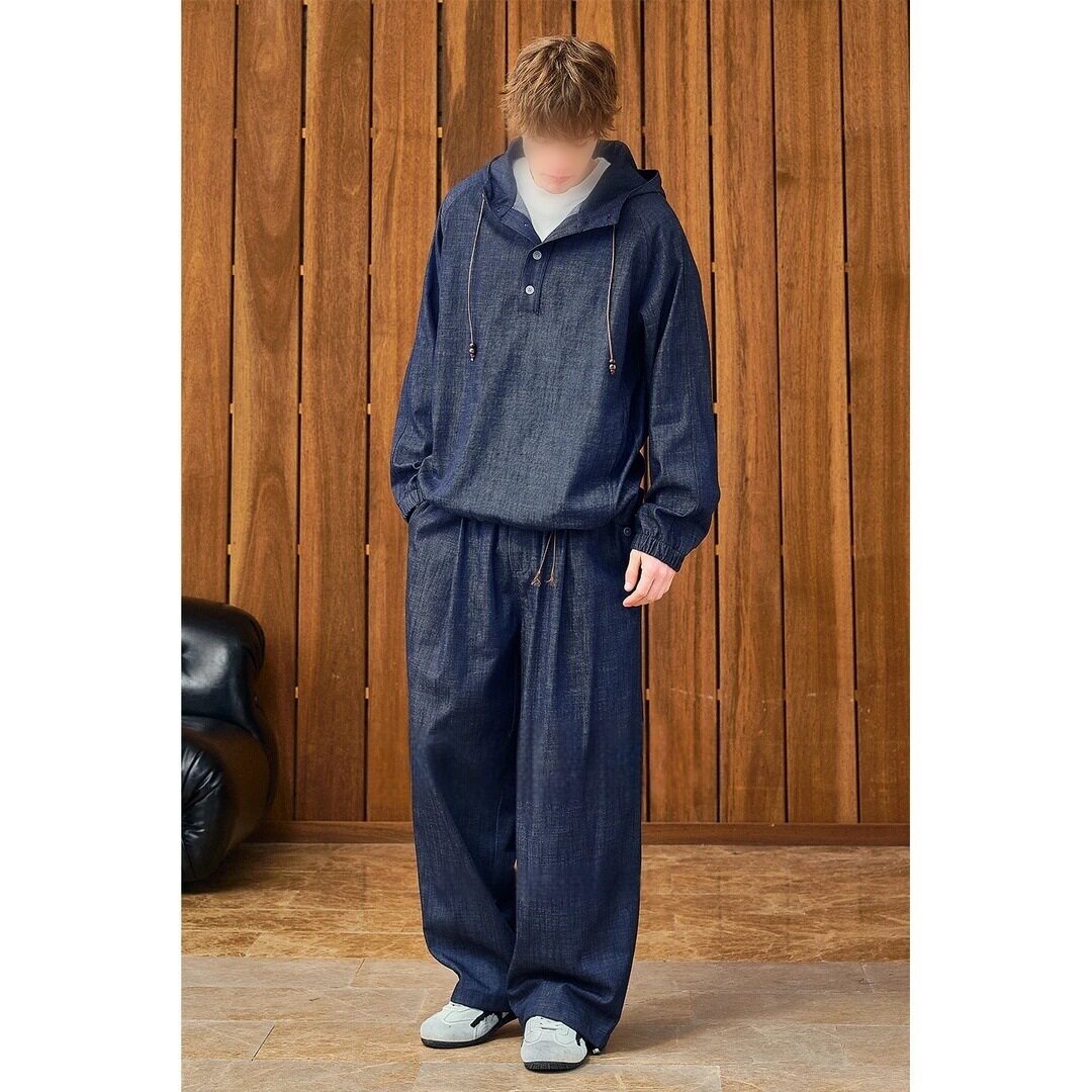 男士新款牛仔连帽卫衣套装春季宽松休闲复古卫裤日系潮流风两件套