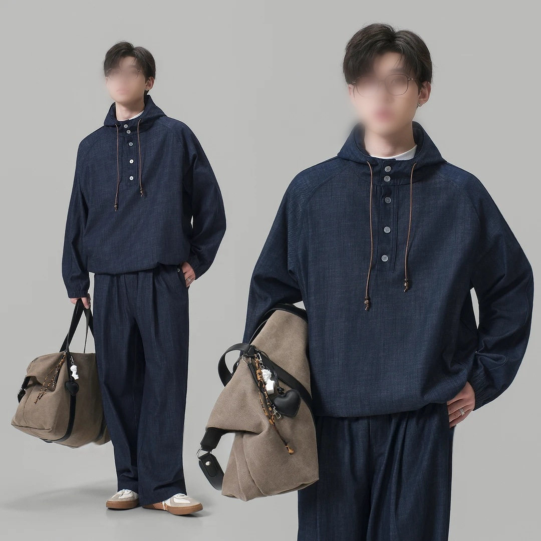 春秋季简约时尚牛仔连帽卫衣套装男宽松休闲卫裤感痞帅男装