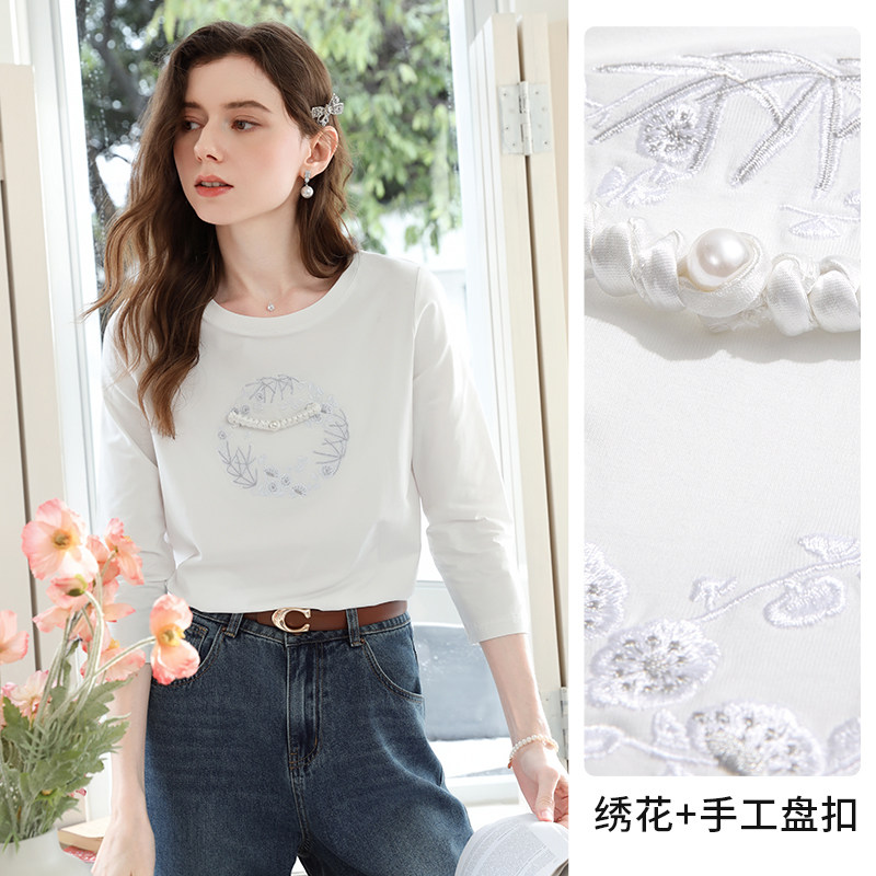 白色绣花中式盘扣正肩七分袖T恤上衣女2025秋季新款漂亮