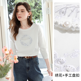 白色绣花中式 T恤上衣女2025秋季 新款 漂亮 盘扣正肩七分袖
