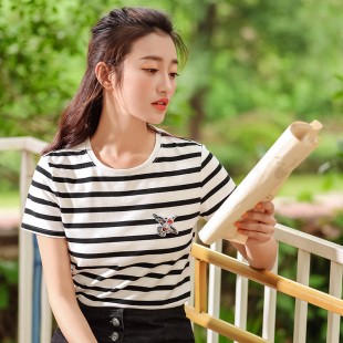 新款 艾蓓怡黑白条纹打底衫 显瘦体恤2024夏装 t恤女上衣韩版 潮 修身