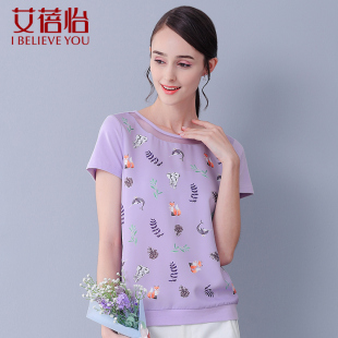 艾蓓怡 女装夏装2024新款潮圆领印花纱网拼接短袖t恤女衣服女直筒