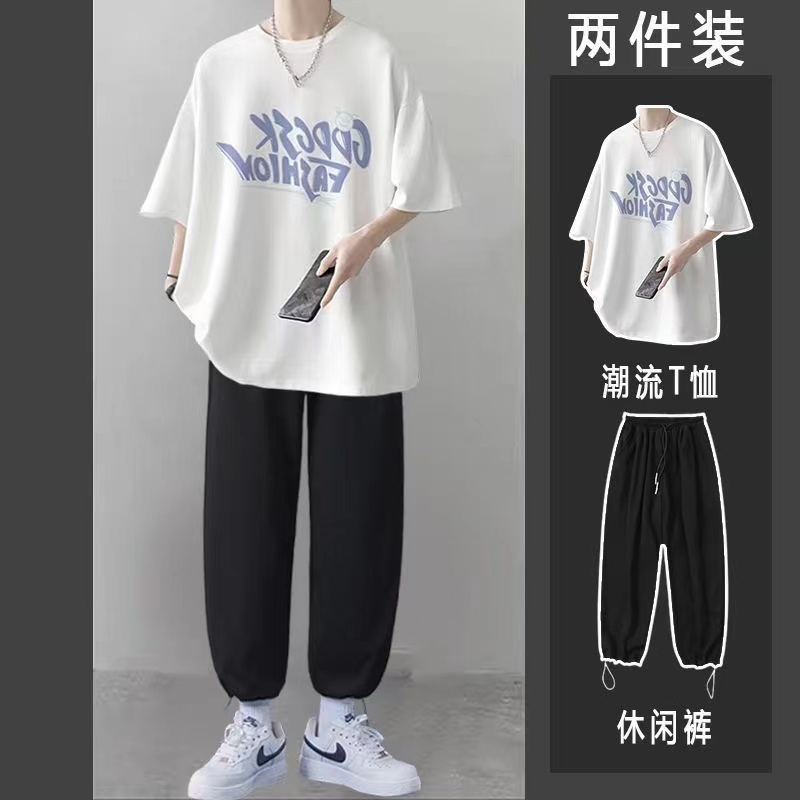 日本专柜短袖套装男夏季潮流宽松t恤休闲搭配一套衣服帅气学生运