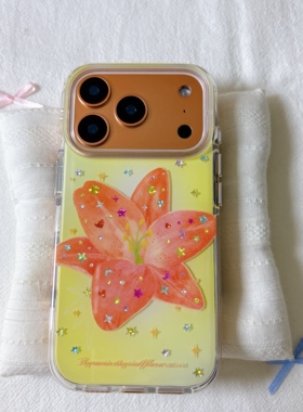 ins闪片星星橙色花朵圆边双层适用苹果17promax手机壳iPhone16新款保护套15/14/13全包硅胶防摔日韩小众