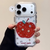ins闪钻透色红苹果圆边双层适用苹果17promax手机壳iPhone16新款 保护套15 13全包硅胶防摔日韩