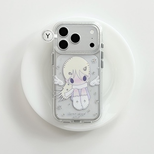 可爱鎏金翅膀小女孩圆边双层适用苹果17promax手机壳iPhone16新款保护套15 /14/13全包硅胶防摔日韩