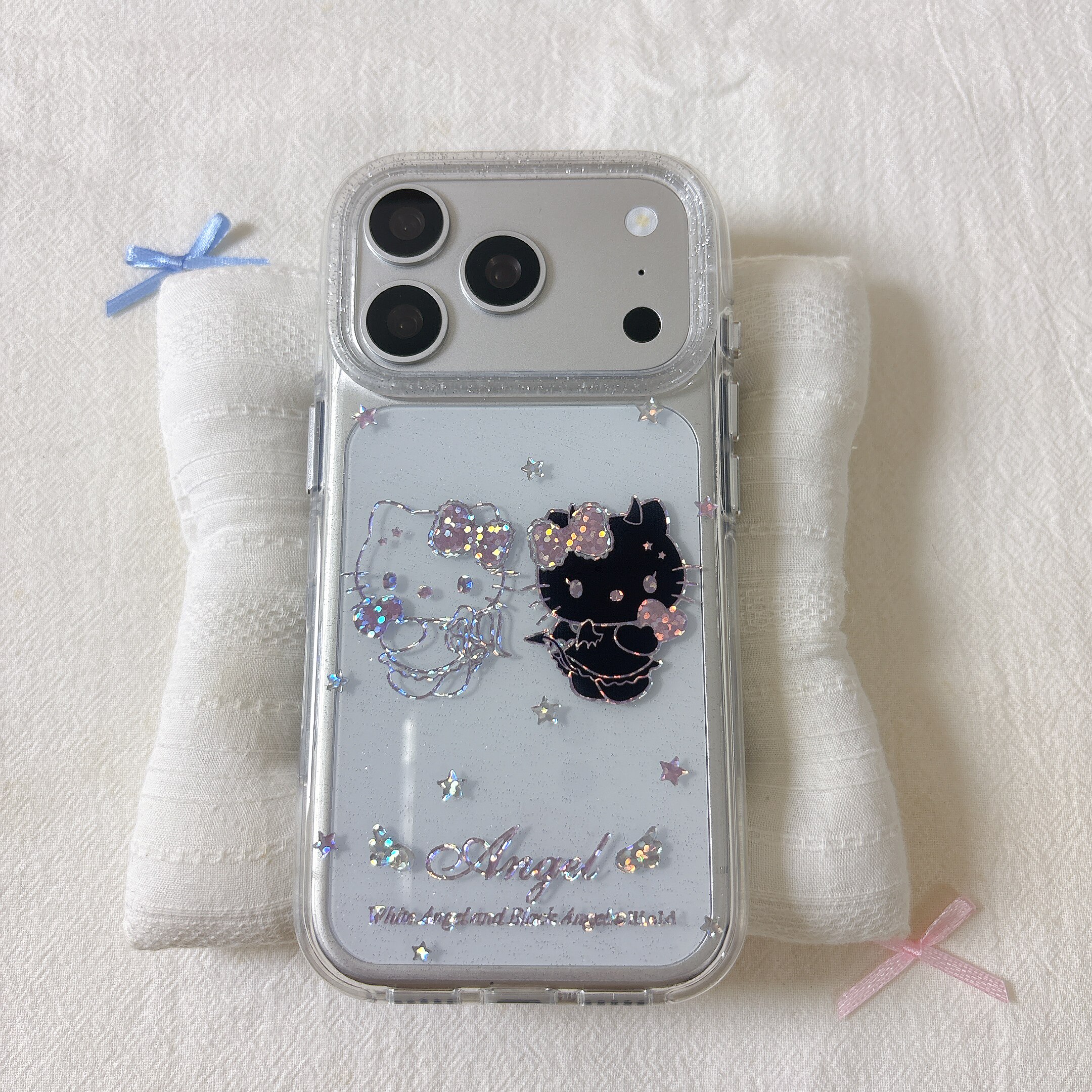 卡通可爱鎏金黑白kitty圆边双层适用苹果17promax手机壳iPhone16新款保护套15 /14/13全包硅胶防摔日韩 - 实物图