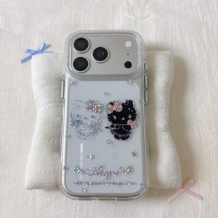 卡通可爱鎏金黑白kitty圆边双层适用苹果17promax手机壳iPhone16新款保护套15 /14/13全包硅胶防摔日韩