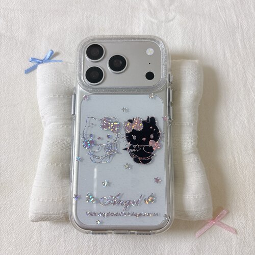 卡通可爱鎏金黑白kitty圆边双层适用苹果17promax手机壳iPhone16新款保护套15 /14/13全包硅胶防摔日韩