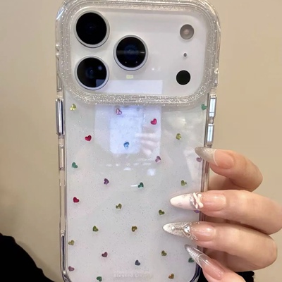 ins闪粉满屏彩色小爱心圆边双层适用苹果17promax手机壳iPhone16新款保护套15/14/13全包硅胶防摔日韩小众
