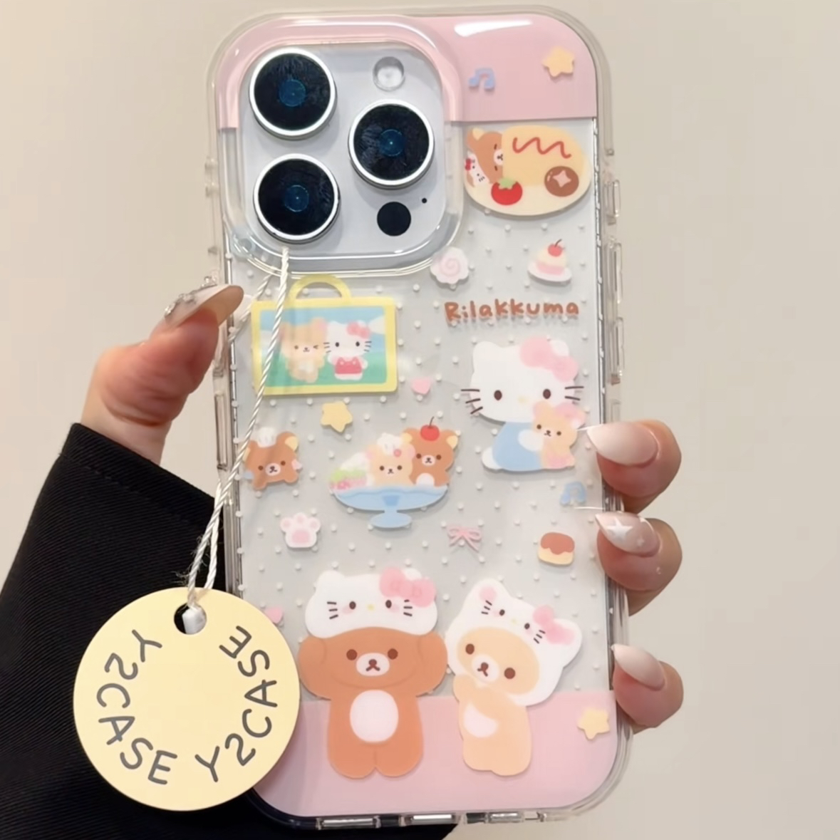 可爱甜品轻松熊kitty圆边双层适用苹果16promax手机壳iPhone15新款保护套14/13全包硅胶防摔日韩小众