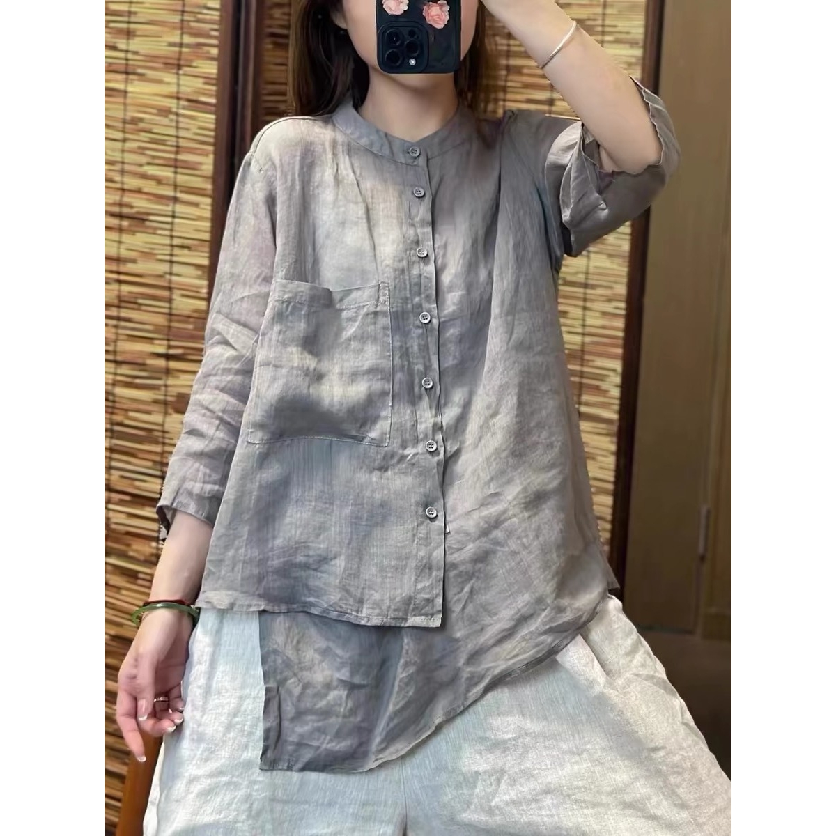 专柜不规则纯色立领苎麻衬衫女2024夏季新款宽松休闲轻薄气质棉麻