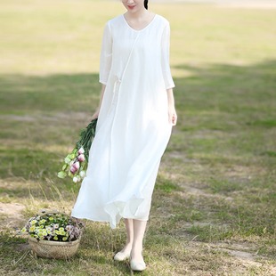 专柜高级感轻奢白色棉麻连衣裙女士2025夏季 新款 度假风亚麻七分袖