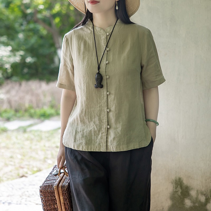专柜新中式复古棉麻短袖衬衫女2024夏季新款宽松简约休闲苎麻开衫