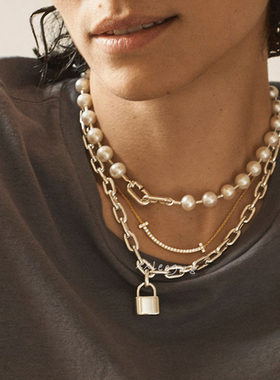 黄铜银情侣锁头蒂珍珠长项链包邮