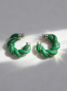 绿色皮绳麻花耳圈女白色电话线新品百搭时尚b耳环耳饰简约ins耳钉