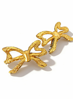 复古金色纹理麻花熔岩蝴蝶结耳夹女y新品夸张百搭简约ins气质耳饰