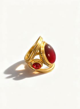 Vintage复古红色树脂椭圆y戒指女 指环新品百搭简约ins风气质夸张
