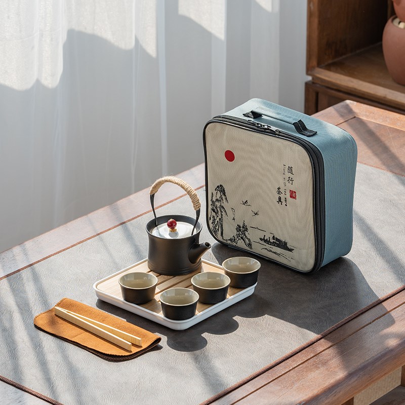 家用户外旅行功夫茶具套装便携式提梁壶泡茶壶陶瓷茶杯中式小茶盘
