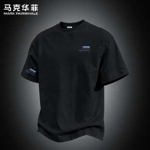 马克华菲夏季新款纯棉短袖T恤男士宽松圆领印花休闲套头上衣黑色
