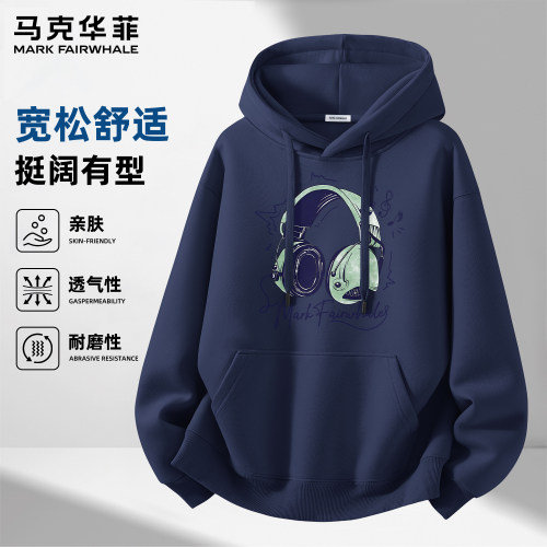 马克华菲重磅连帽耳机印花卫衣男