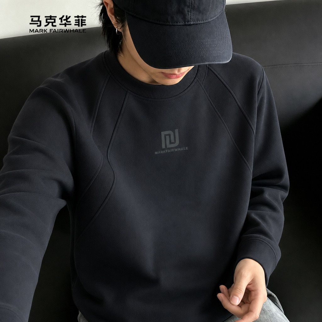 马克华菲春秋时尚重磅插肩长袖男士长袖休闲圆领宽松舒适百搭男式