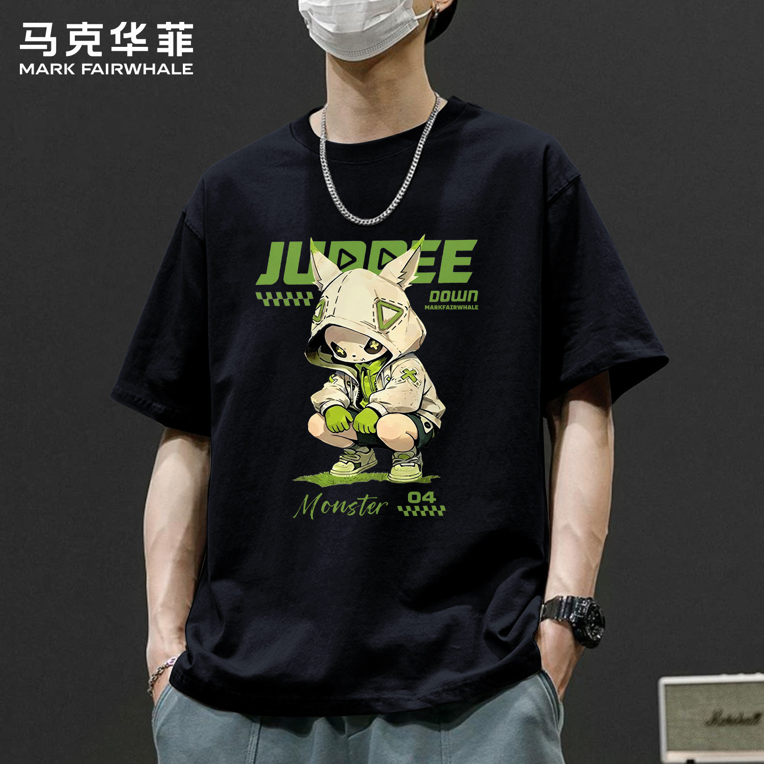 马克华菲夏季卡通印花短袖T恤男款2026新款黑色圆领纯棉潮流上衣