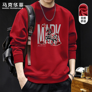 马克华菲春季新款红色本命年马印花卫衣男款潮牌圆领宽松长袖上衣
