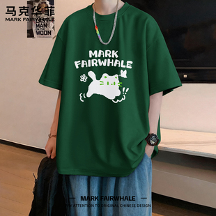 2026新款 墨绿小猫印花宽松纯棉休闲衣服潮牌 T恤男款 马克华菲短袖