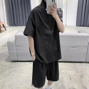 港风垂感冰丝衬衫男短袖宽松黑色高级感夏季薄款ins冰丝套装衬衣图片
