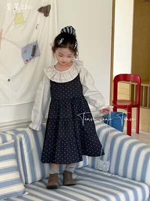 2025秋季新款韩版女童连衣裙儿童学院风波点背心裙宝宝大摆A字裙