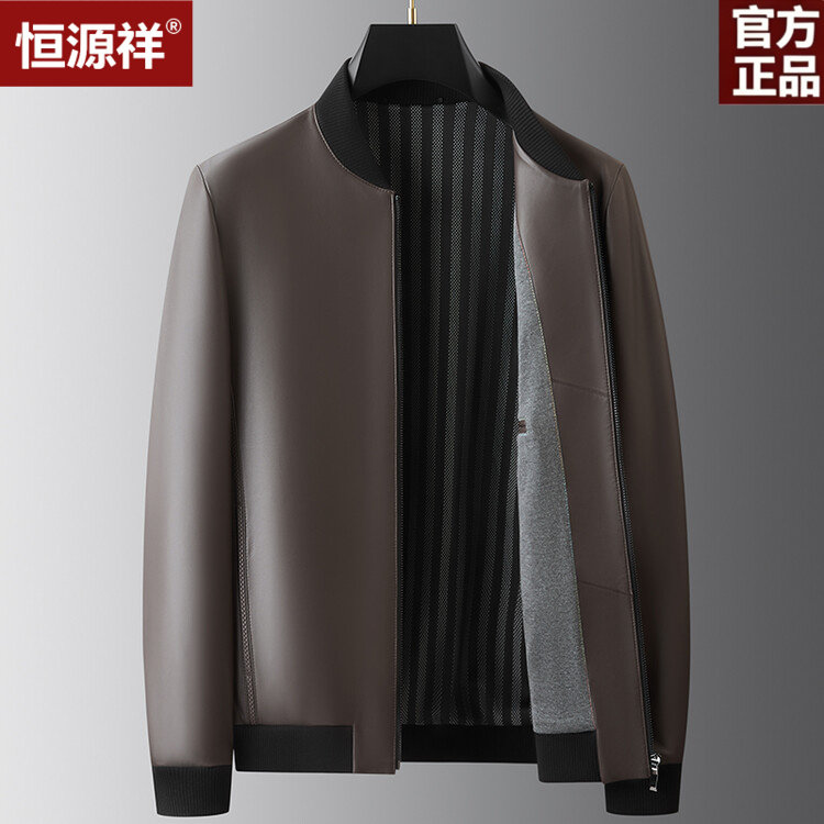 恒源祥真皮绵羊皮男士棒球领皮衣